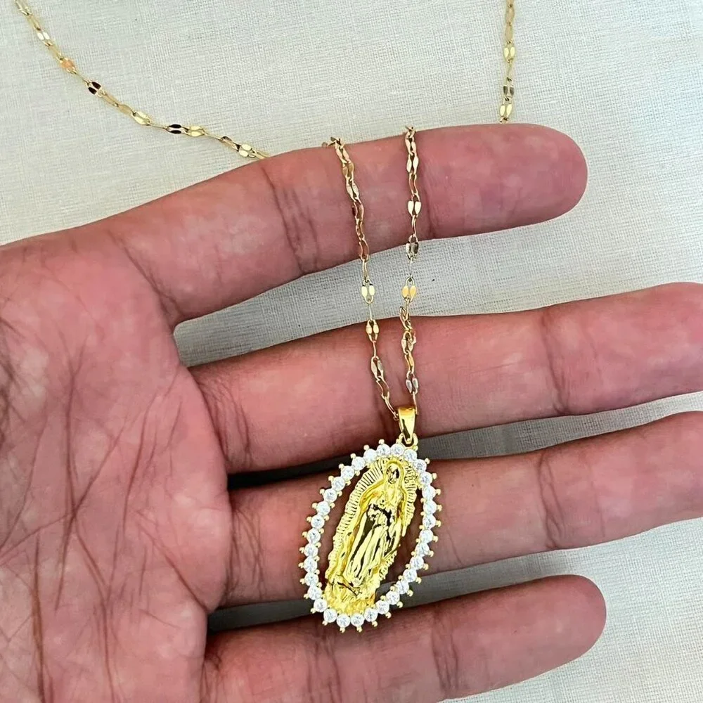 vintage style virgin mary grunge rhinestone gold cross pendant necklace